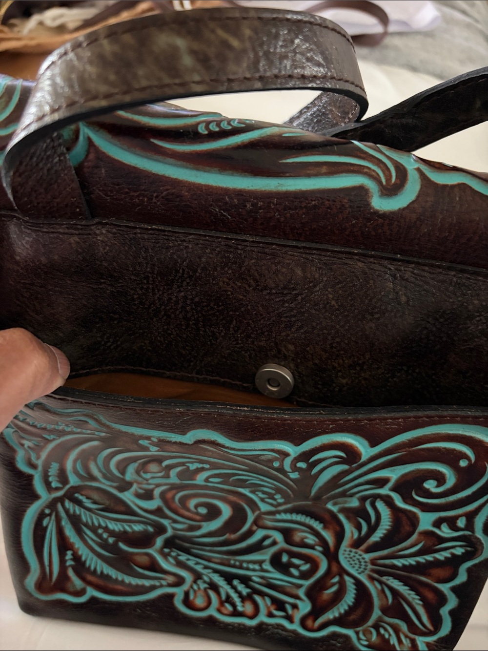 Patricia Nash Brown Leather Crossbody with Turquoise Detailing - Picture 6 of 8